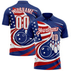 Custom Royal White-Red Patriotic American Flag Bowling Ball And Pins Performance Polo Shirt photo 1