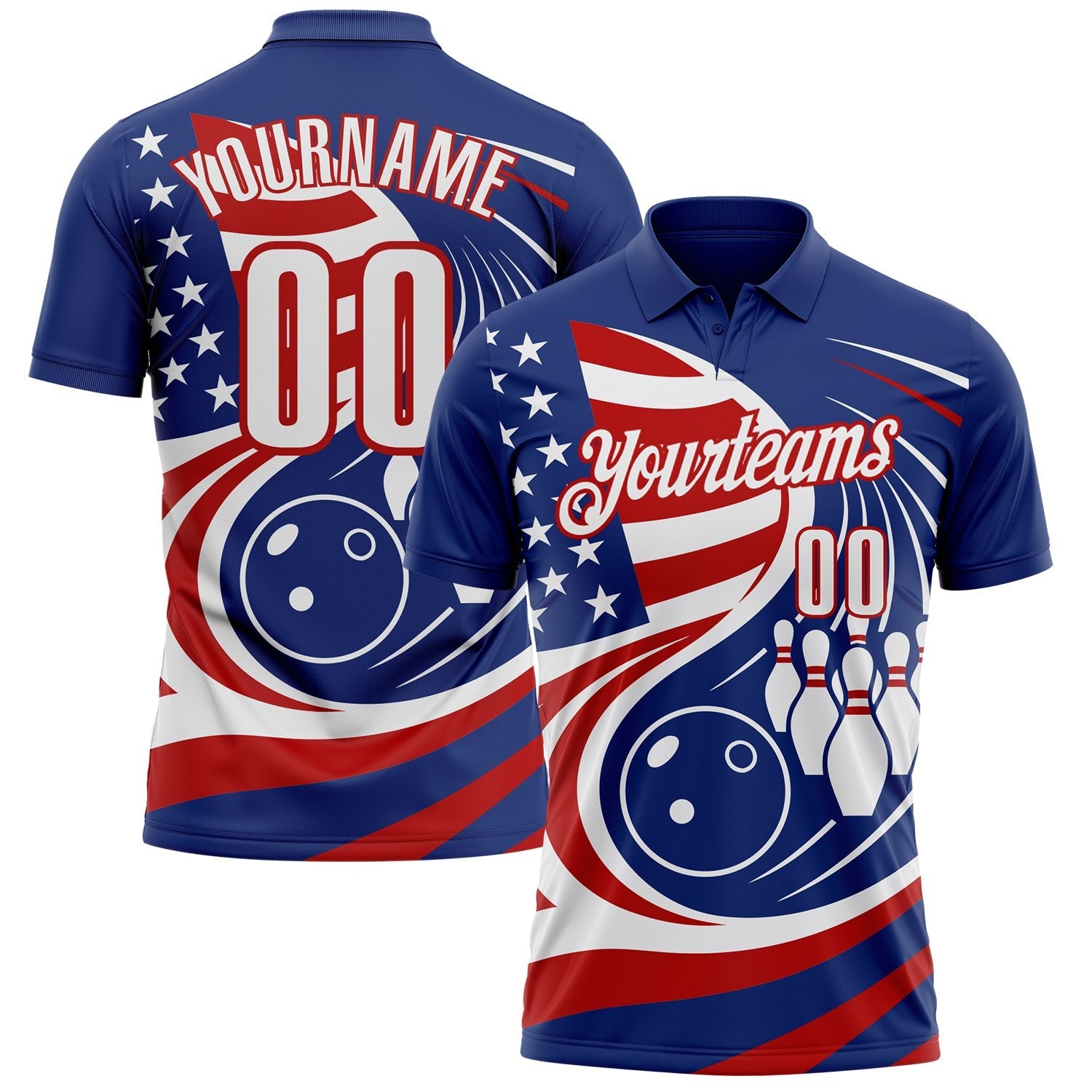 Custom Royal White-Red Patriotic American Flag Bowling Ball And Pins Performance Polo Shirt photo 1