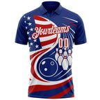 Custom Royal White-Red Patriotic American Flag Bowling Ball And Pins Performance Polo Shirt photo 2