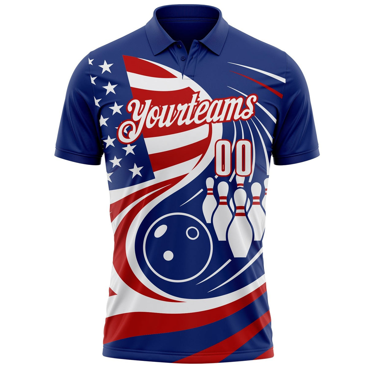 Custom Royal White-Red Patriotic American Flag Bowling Ball And Pins Performance Polo Shirt photo 2