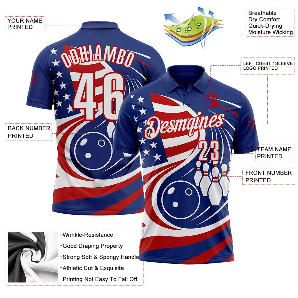 Custom Royal White-Red Patriotic American Flag Bowling Ball And Pins Performance Polo Shirt photo 3
