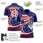 Custom Royal White-Red Patriotic American Flag Bowling Ball And Pins Performance Polo Shirt photo 3