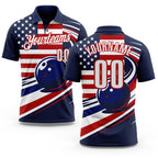Custom Navy White Royal-Red Patriotic American Flag Bowling Ball Performance Polo Shirt