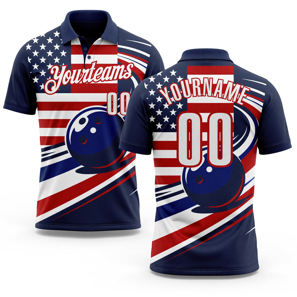 Custom Navy White Royal-Red Patriotic American Flag Bowling Ball Performance Polo Shirt
