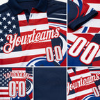 Custom Navy White Royal-Red Patriotic American Flag Bowling Ball Performance Polo Shirt detail