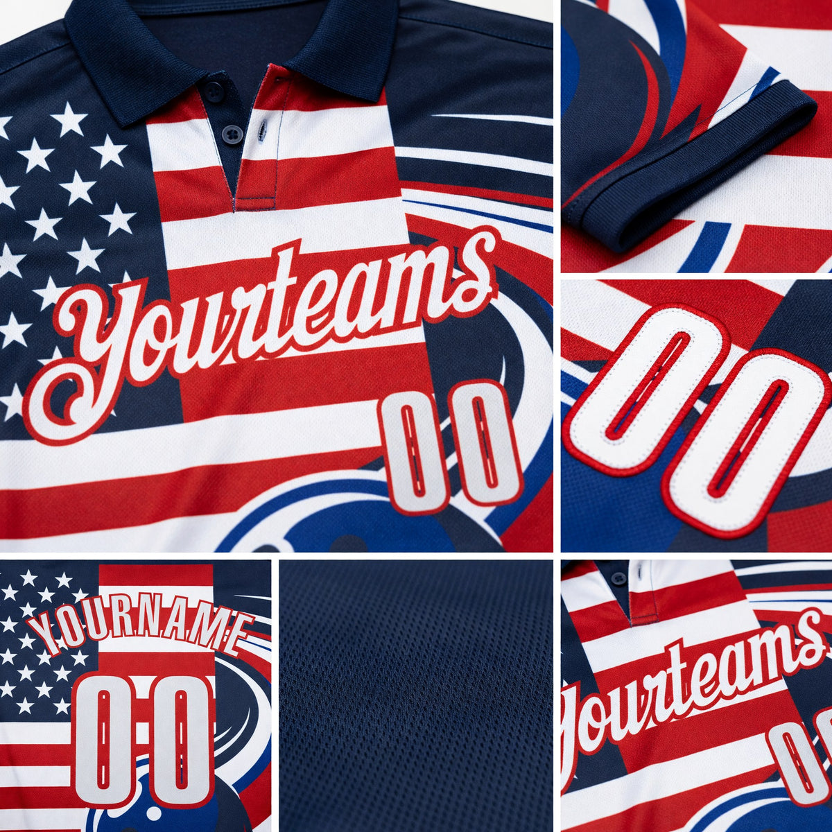 Custom Navy White Royal-Red Patriotic American Flag Bowling Ball Performance Polo Shirt detail