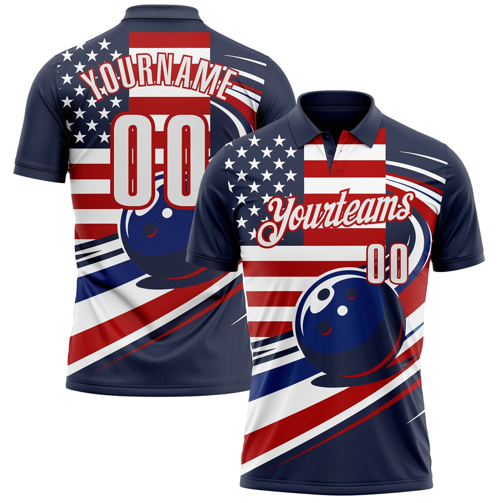 Custom Navy White Royal-Red Patriotic American Flag Bowling Ball Performance Polo Shirt photo 1