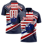 Custom Navy White Royal-Red Patriotic American Flag Bowling Ball Performance Polo Shirt photo 1