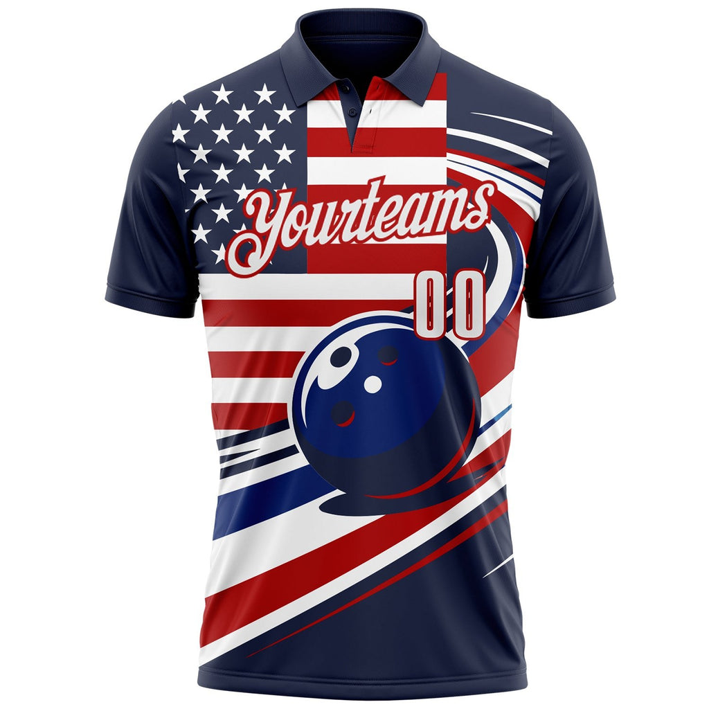 Custom Navy White Royal-Red Patriotic American Flag Bowling Ball Performance Polo Shirt photo 2