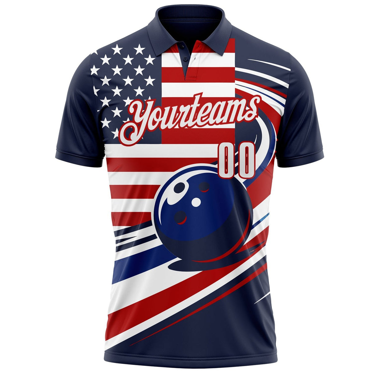 Custom Navy White Royal-Red Patriotic American Flag Bowling Ball Performance Polo Shirt photo 2