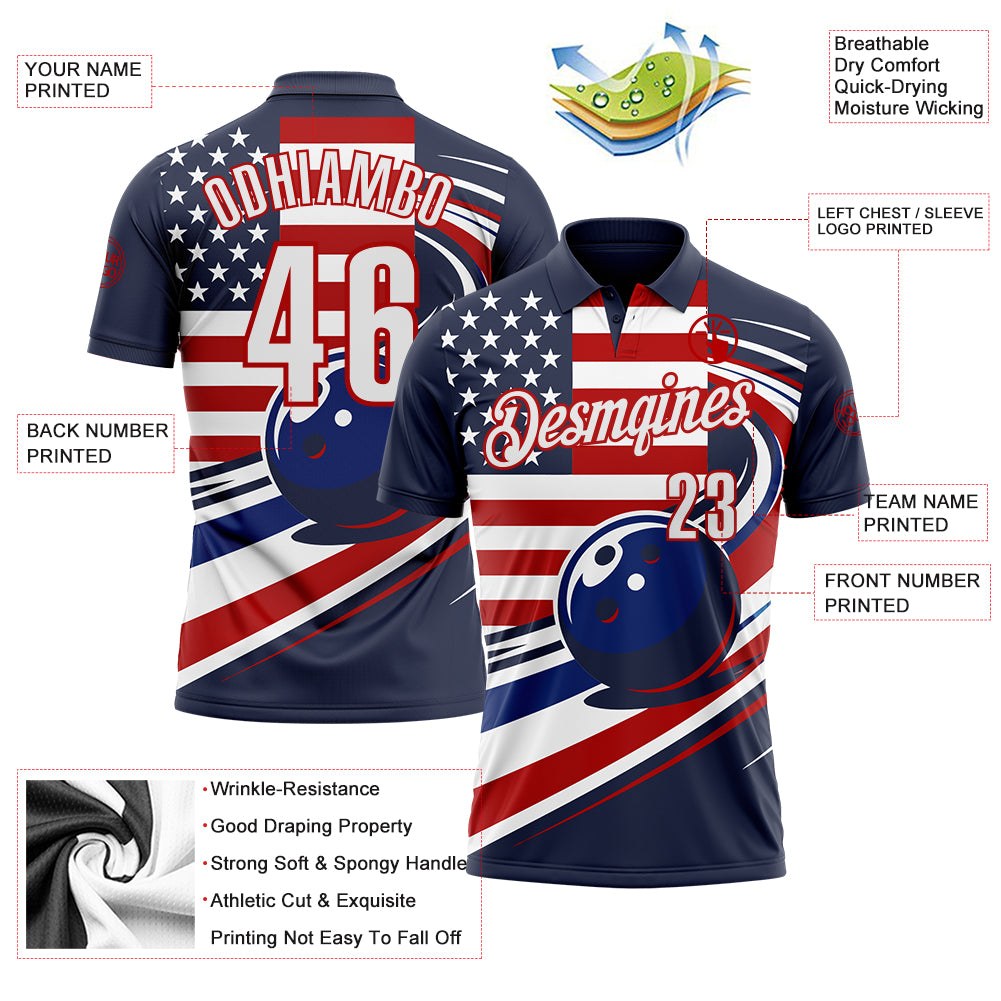 Custom Navy White Royal-Red Patriotic American Flag Bowling Ball Performance Polo Shirt photo 3