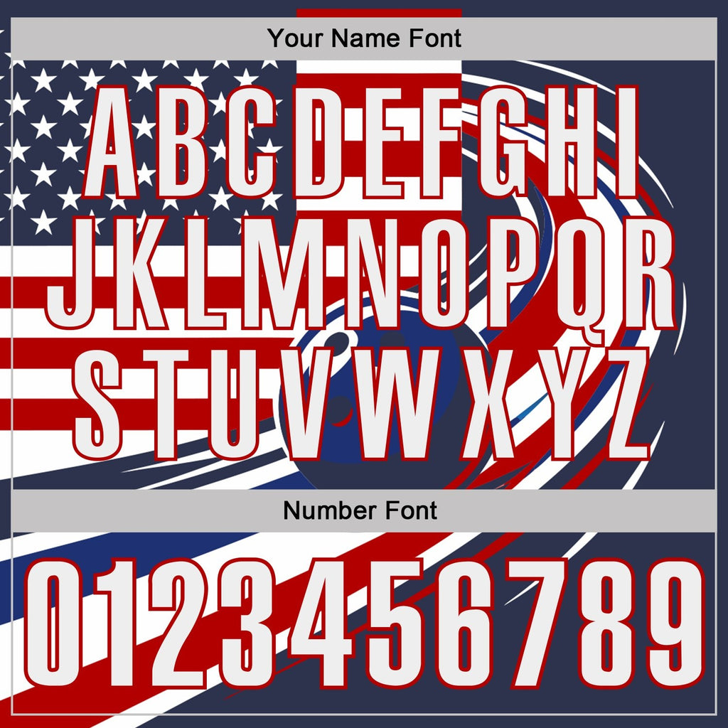 Custom Navy White Royal-Red Patriotic American Flag Bowling Ball Performance Polo Shirt photo 5