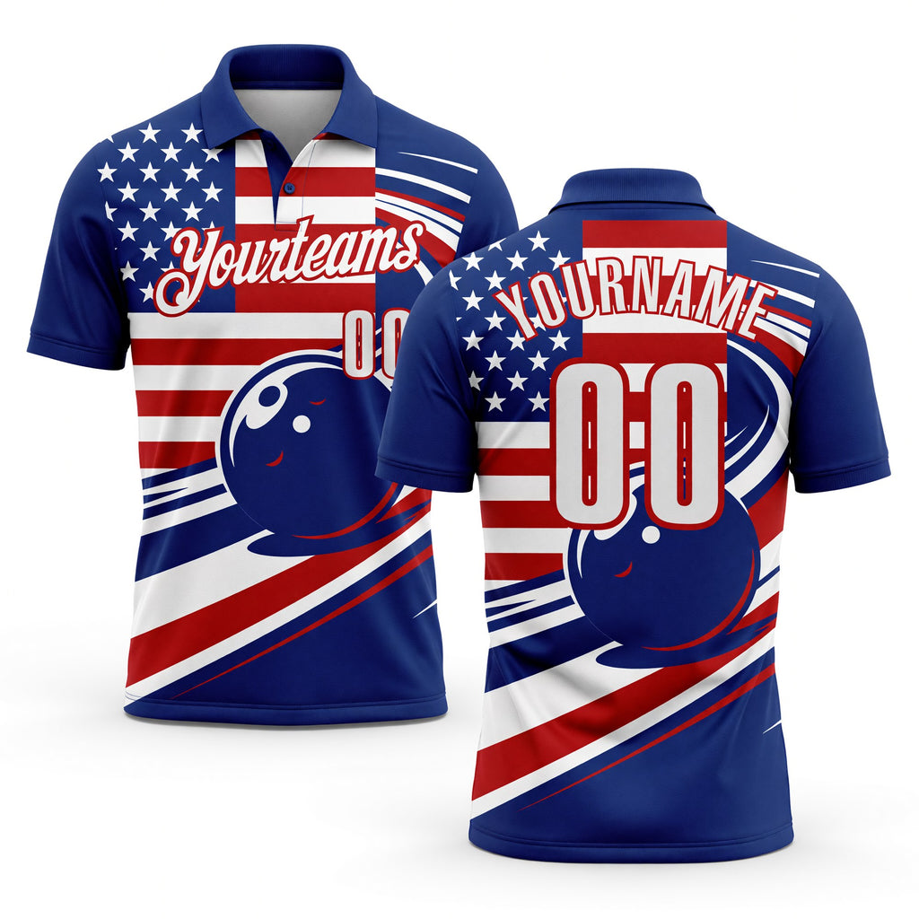 Custom Royal White-Red Patriotic American Flag Bowling Ball Performance Polo Shirt