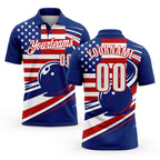 Custom Royal White-Red Patriotic American Flag Bowling Ball Performance Polo Shirt