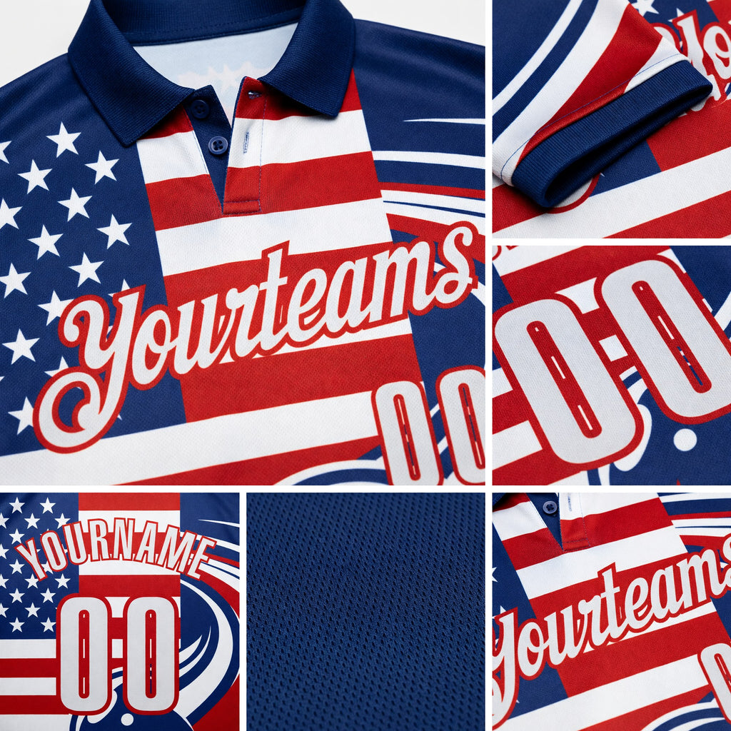 Custom Royal White-Red Patriotic American Flag Bowling Ball Performance Polo Shirt detail