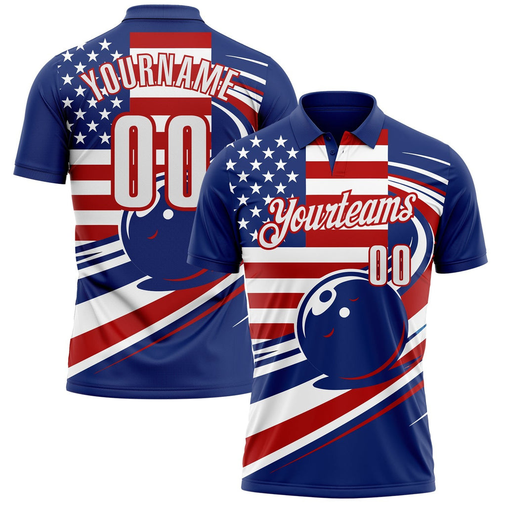 Custom Royal White-Red Patriotic American Flag Bowling Ball Performance Polo Shirt photo 1