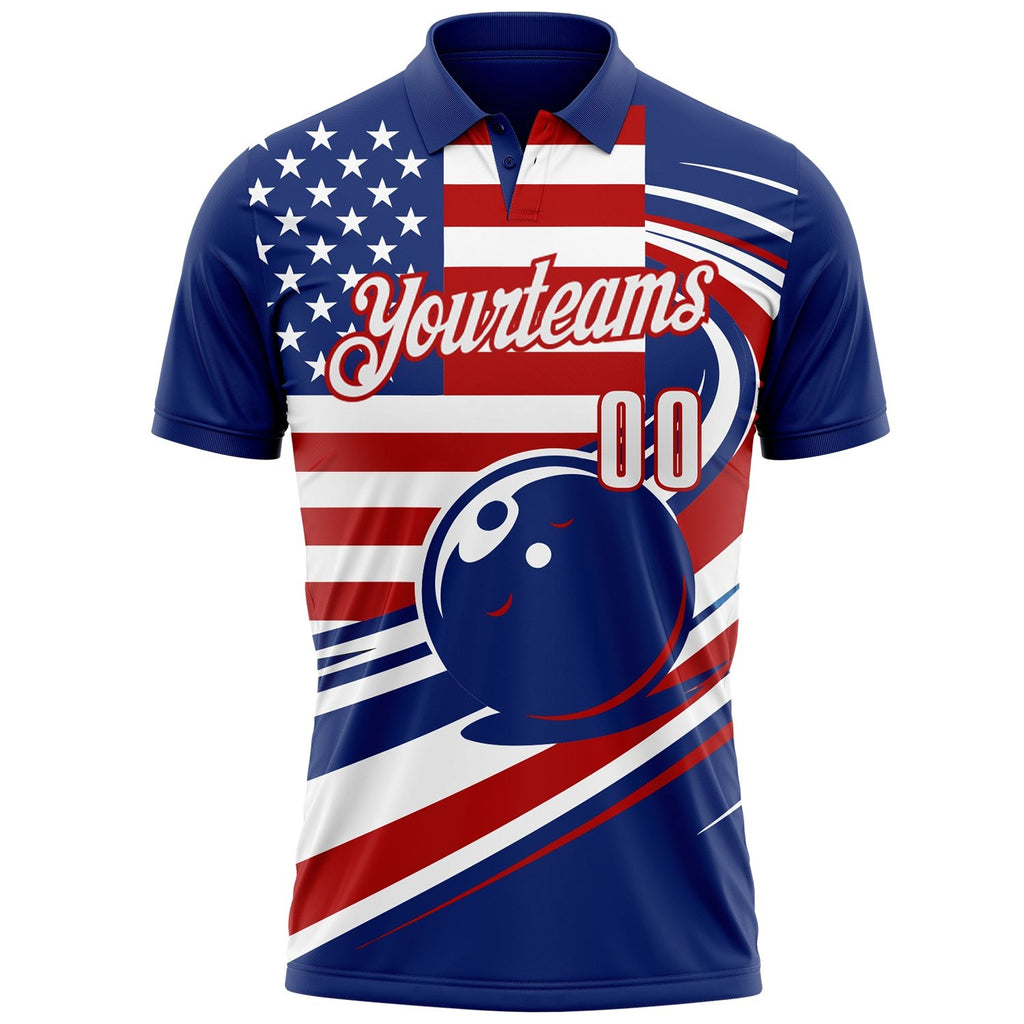 Custom Royal White-Red Patriotic American Flag Bowling Ball Performance Polo Shirt photo 2