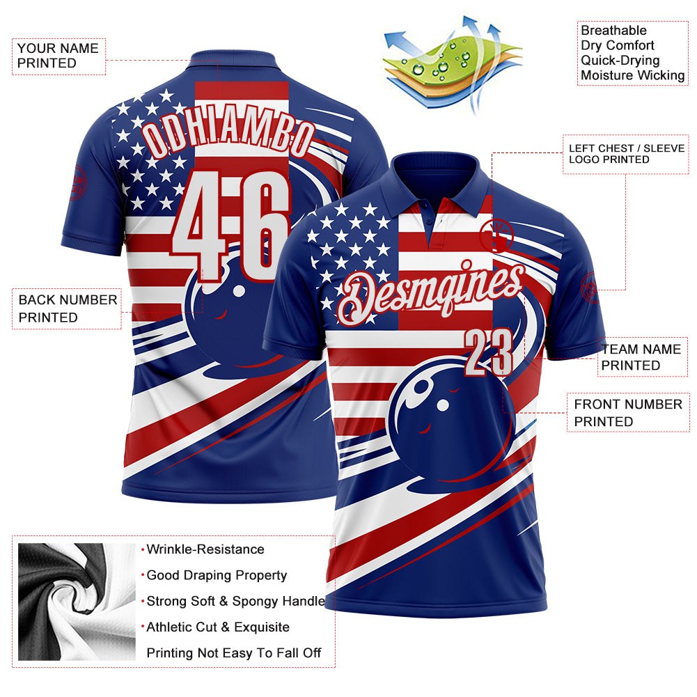 Custom Royal White-Red Patriotic American Flag Bowling Ball Performance Polo Shirt photo 3