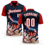Custom Navy White-Red Patriotic American Flag Bowling Ball And Pins Strike Performance Polo Shirt