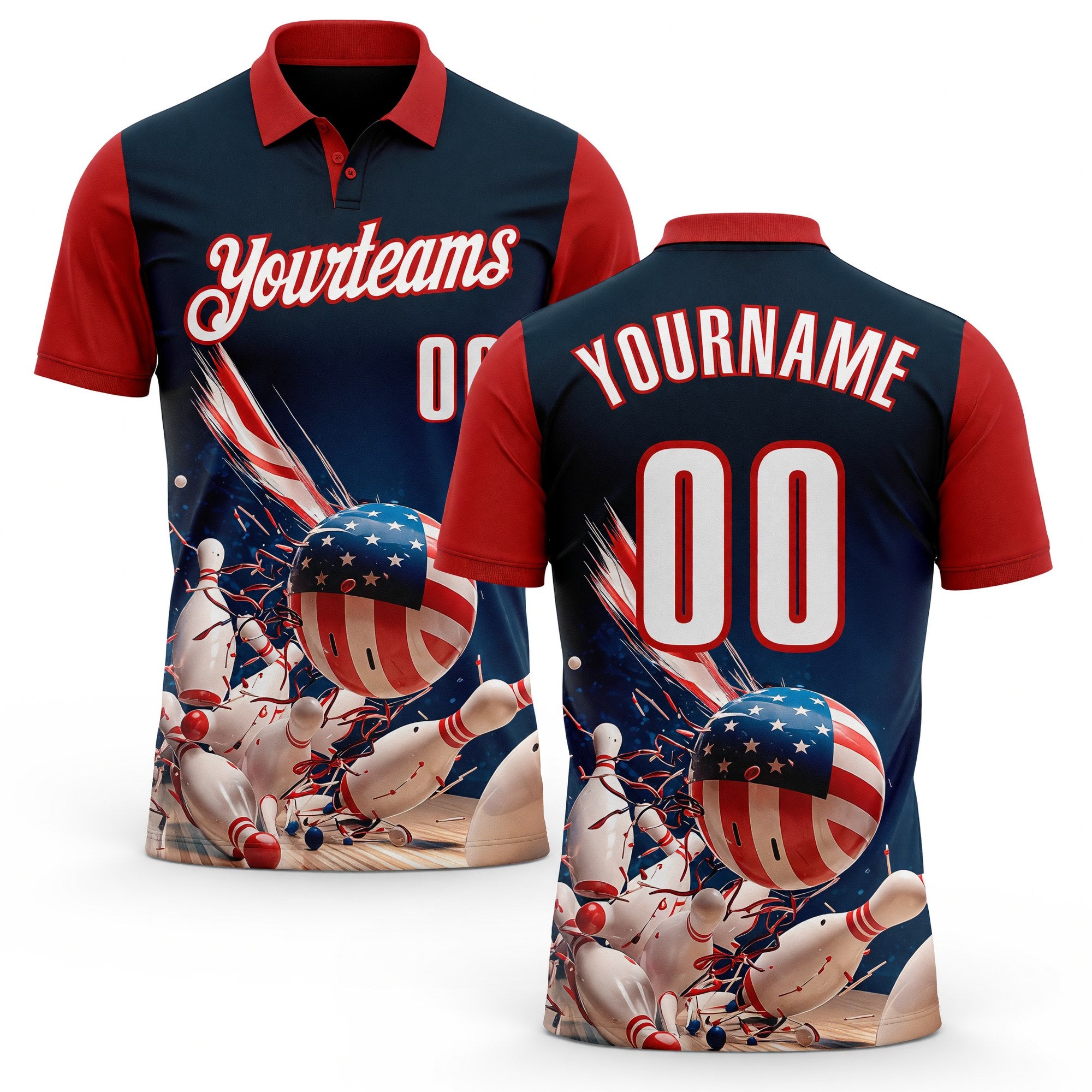 Custom Navy White-Red Patriotic American Flag Bowling Ball And Pins Strike Performance Polo Shirt