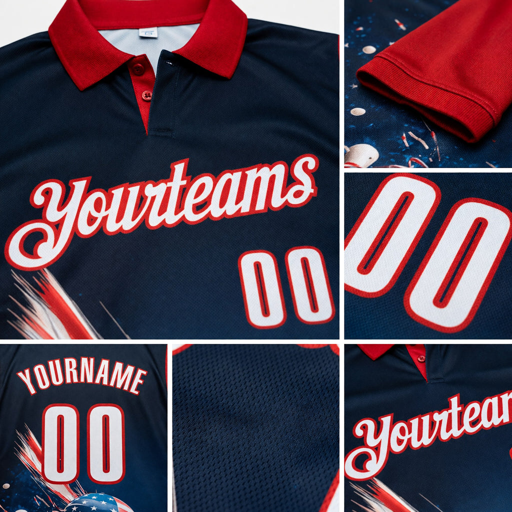 Custom Navy White-Red Patriotic American Flag Bowling Ball And Pins Strike Performance Polo Shirt detail