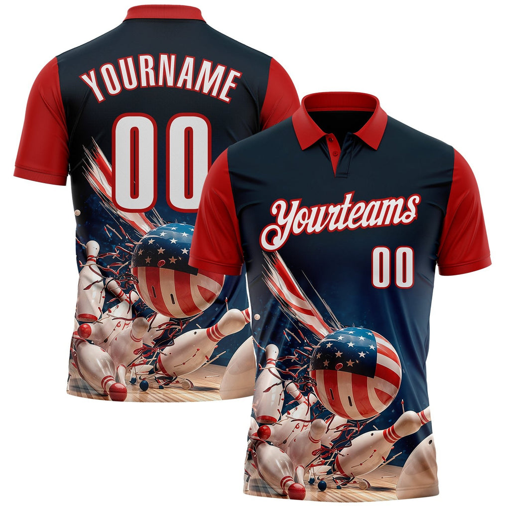 Custom Navy White-Red Patriotic American Flag Bowling Ball And Pins Strike Performance Polo Shirt photo 1