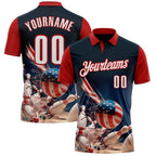 Custom Navy White-Red Patriotic American Flag Bowling Ball And Pins Strike Performance Polo Shirt photo 1