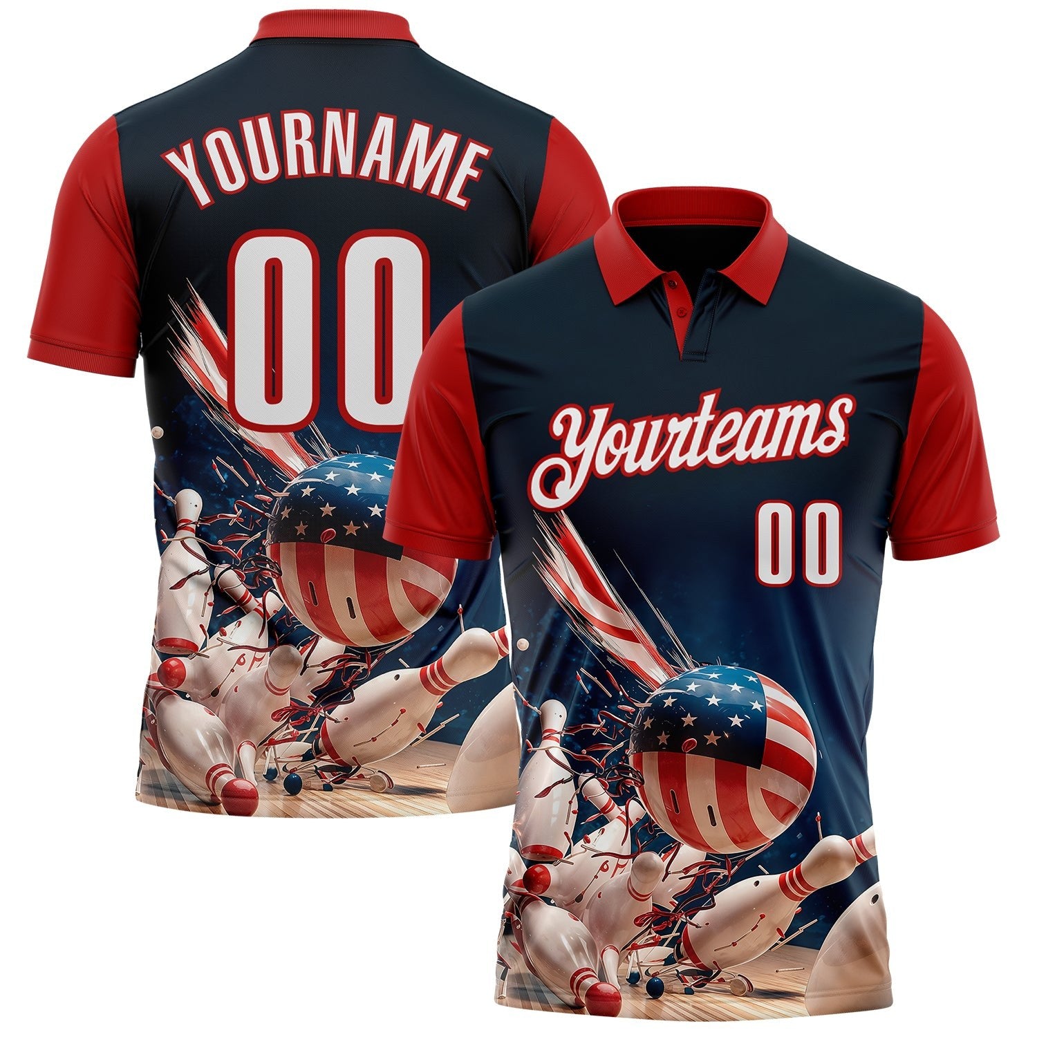Custom Navy White-Red Patriotic American Flag Bowling Ball And Pins Strike Performance Polo Shirt photo 1