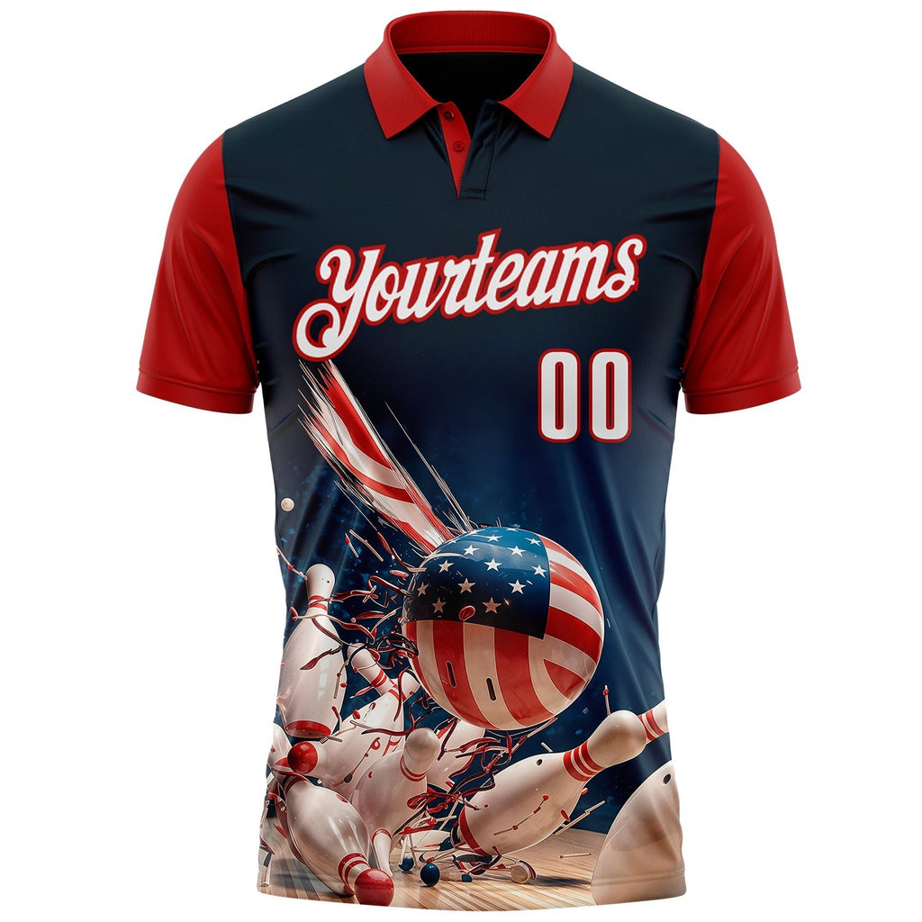 Custom Navy White-Red Patriotic American Flag Bowling Ball And Pins Strike Performance Polo Shirt photo 2