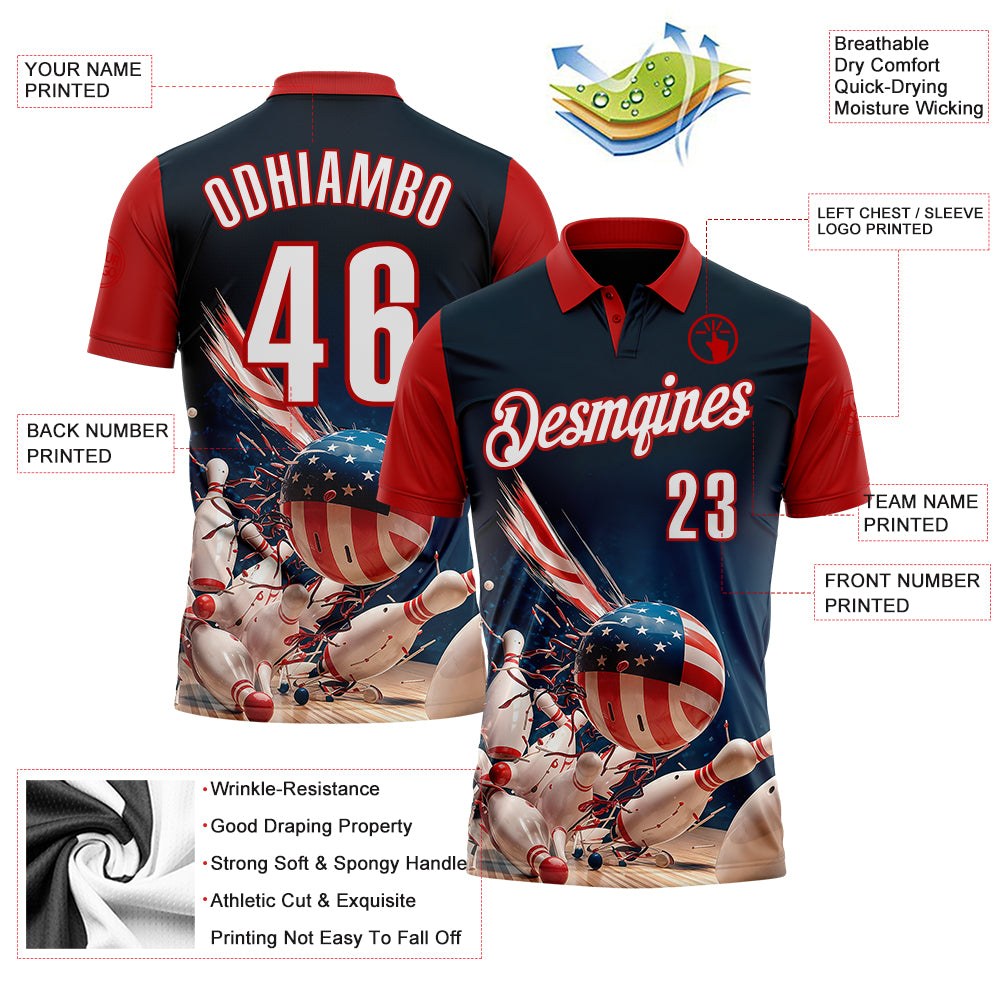 Custom Navy White-Red Patriotic American Flag Bowling Ball And Pins Strike Performance Polo Shirt photo 3