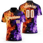 Custom Black White Purple-Bay Orange Flame Split Fire Performance Polo Shirt