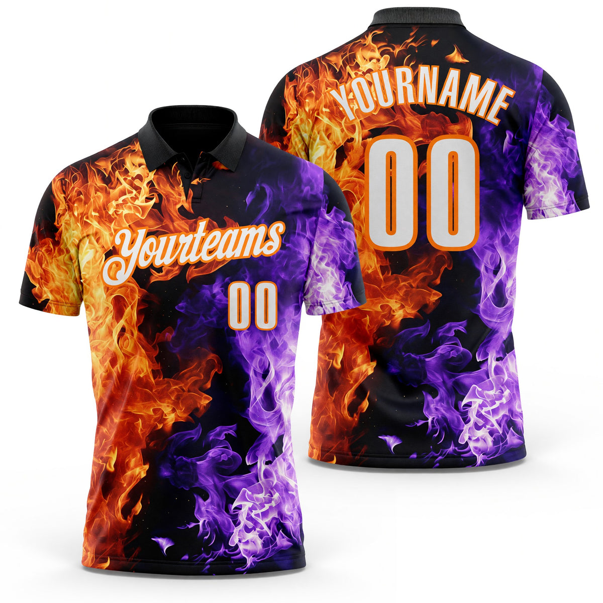 Custom Black White Purple-Bay Orange Flame Split Fire Performance Polo Shirt