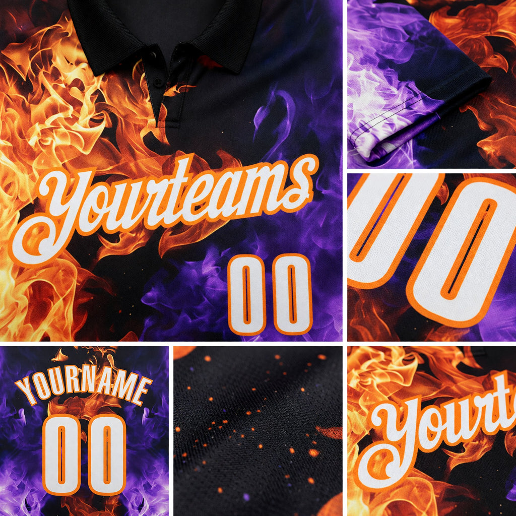 Custom Black White Purple-Bay Orange Flame Split Fire Performance Polo Shirt detail