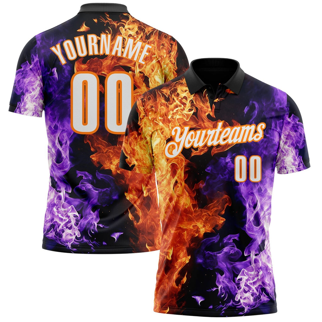 Custom Black White Purple-Bay Orange Flame Split Fire Performance Polo Shirt photo 1
