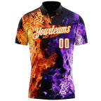 Custom Black White Purple-Bay Orange Flame Split Fire Performance Polo Shirt photo 2
