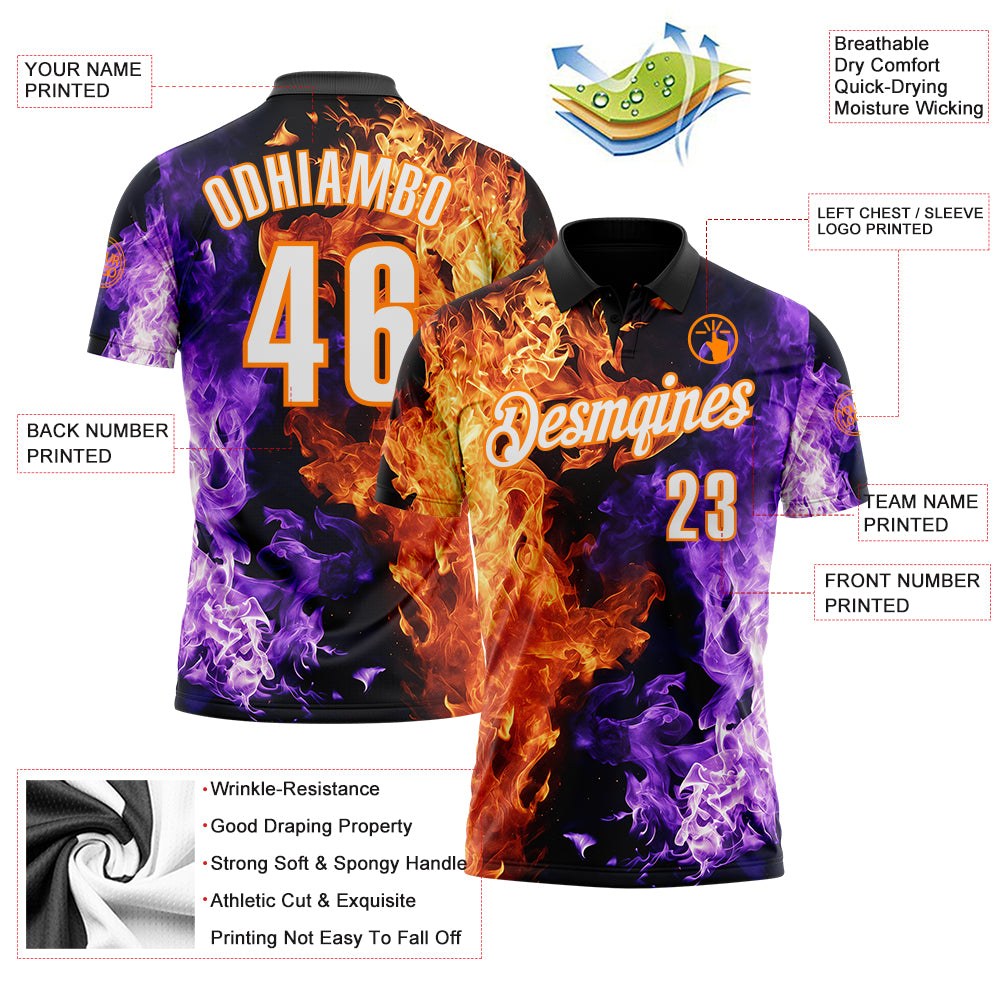 Custom Black White Purple-Bay Orange Flame Split Fire Performance Polo Shirt photo 3