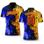 Custom Black Red Blue-Yellow Flame Split Fire Performance Polo Shirt