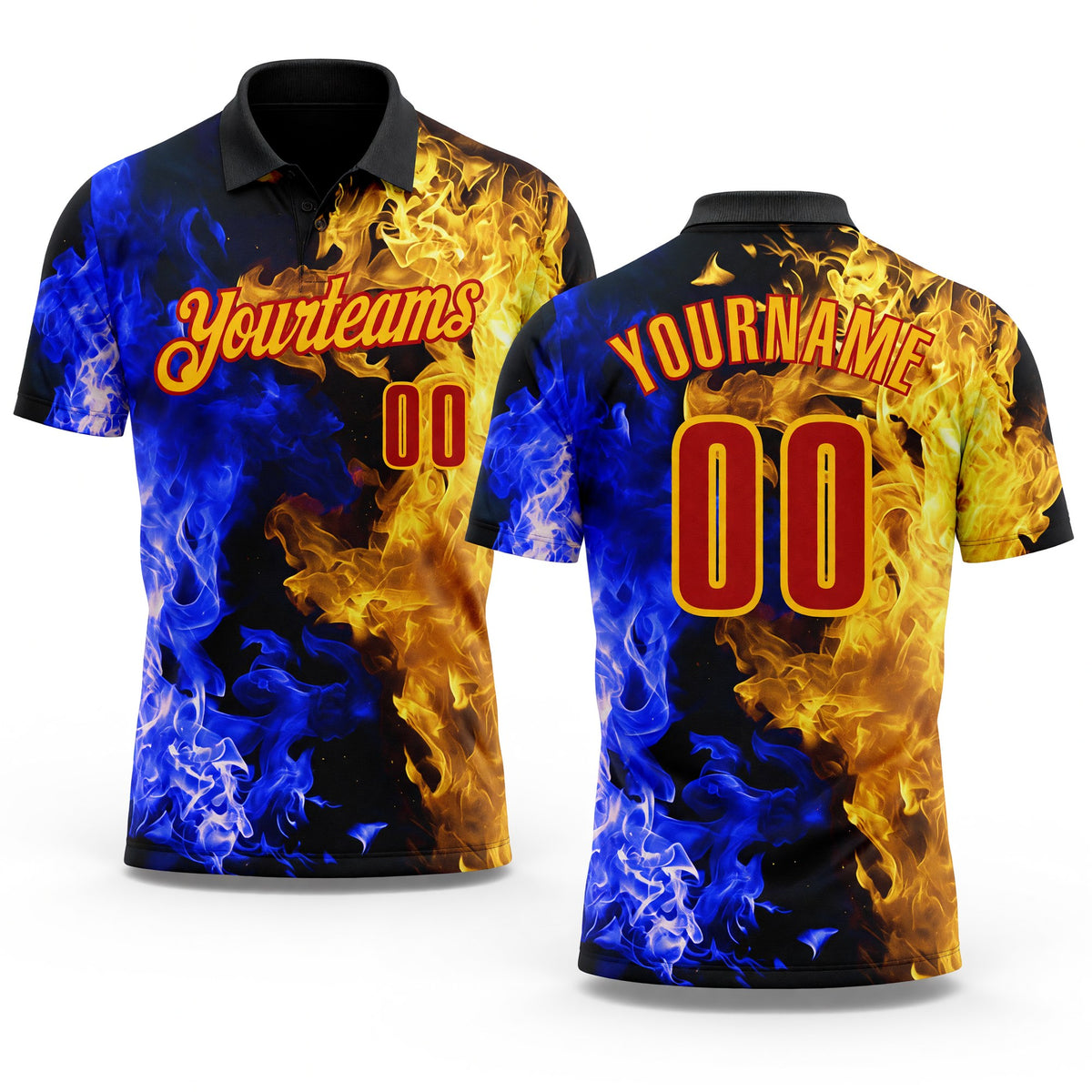 Custom Black Red Blue-Yellow Flame Split Fire Performance Polo Shirt