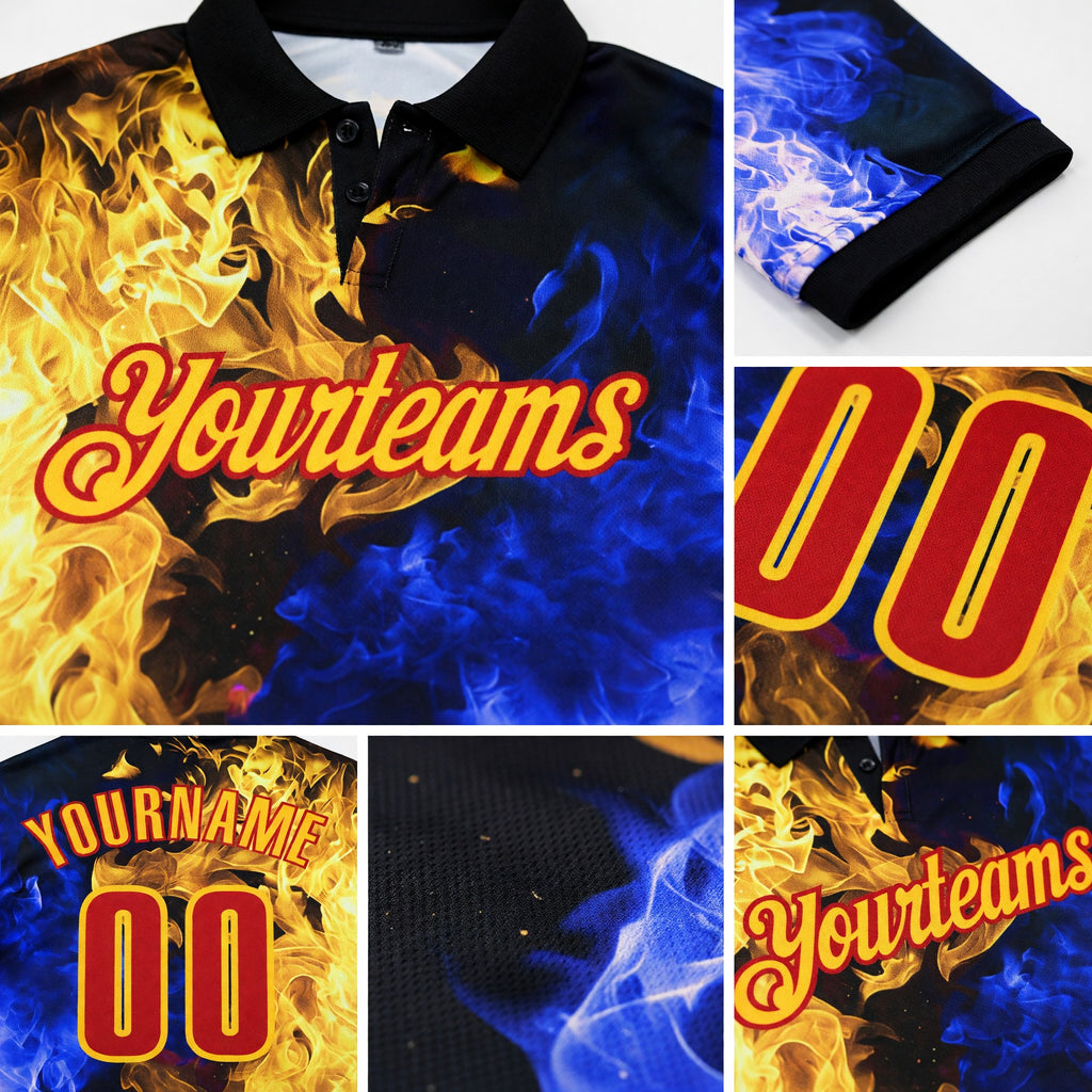 Custom Black Red Blue-Yellow Flame Split Fire Performance Polo Shirt detail