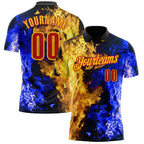 Custom Black Red Blue-Yellow Flame Split Fire Performance Polo Shirt photo 1