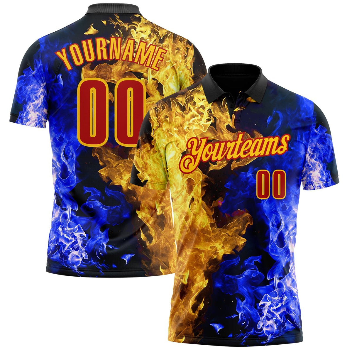 Custom Black Red Blue-Yellow Flame Split Fire Performance Polo Shirt photo 1