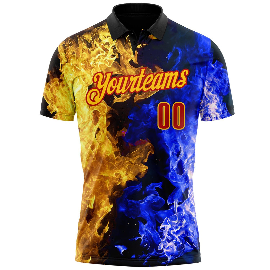 Custom Black Red Blue-Yellow Flame Split Fire Performance Polo Shirt photo 2