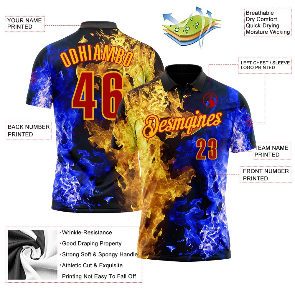Custom Black Red Blue-Yellow Flame Split Fire Performance Polo Shirt photo 3
