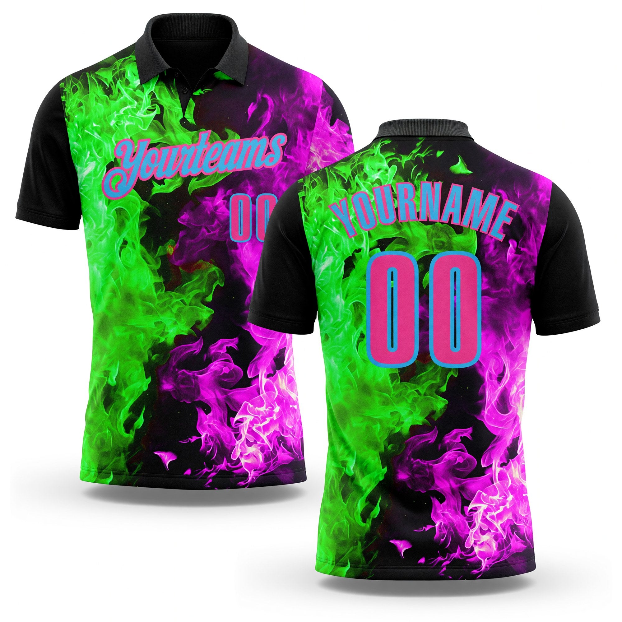 Custom Black Pink Hot Pink Green-Sky Blue Flame Split Fire Performance Polo Shirt