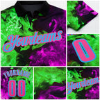 Custom Black Pink Hot Pink Green-Sky Blue Flame Split Fire Performance Polo Shirt detail