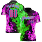 Custom Black Pink Hot Pink Green-Sky Blue Flame Split Fire Performance Polo Shirt photo 1