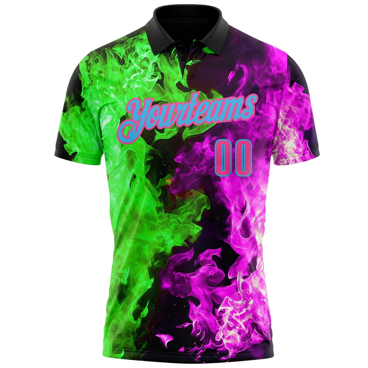 Custom Black Pink Hot Pink Green-Sky Blue Flame Split Fire Performance Polo Shirt photo 2