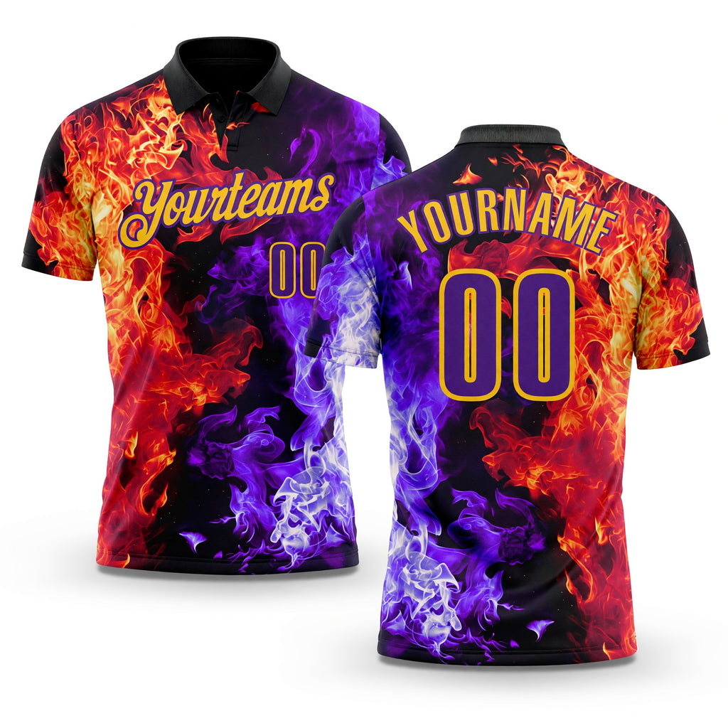 Custom Black Purple Red-Yellow Flame Split Fire Performance Polo Shirt