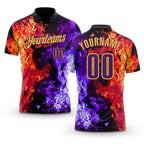 Custom Black Purple Red-Yellow Flame Split Fire Performance Polo Shirt