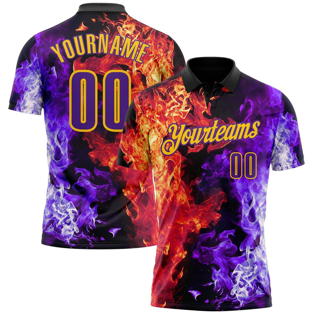 Custom Black Purple Red-Yellow Flame Split Fire Performance Polo Shirt photo 1
